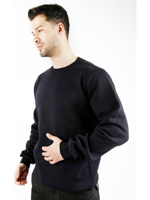 Uniprom Sıfır Yaka Sweatshirt Kalın Kumaş Içi Şardonlu Lacivert Erkek