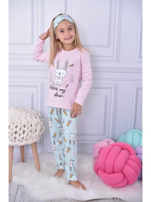 Lolli Boom Kids  Kız Çocuk Uzun Kulak Tavşan Havuç Baskılı Basic Pijama Takımı Göz Bandı Hediyeli