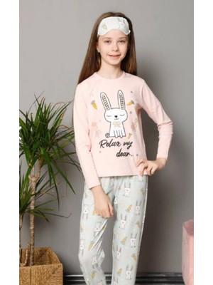 Lolli Boom Kids  Kız Çocuk Uzun Kulak Tavşan Havuç Baskılı Basic Pijama Takımı Göz Bandı Hediyeli