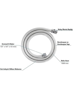 Canero 150 cm Yüksek Kaliteli 5 Katmanlı Pvc Duş Spirali / Kopmayan Duş Hortumu