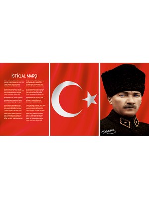 Leylaser Atatürk,  Türkiye Bayrağı ( Ay Yıldız Bayrak ) Istiklal Marşı  Üçlü Kombin Cam Tablo Dekoru