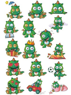 Reysa Tasarım Yeşil Sevimli Ejderha Sticker Set 16 Parça Telefon, Tablet, Defter, Laptop Sticker