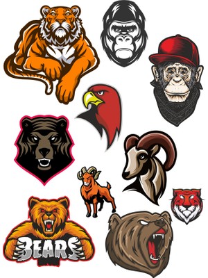 Reysa Tasarım Agresif Hayvanlar Sticker Set-2 10 Parça Telefon, Tablet, Defter, Laptop Sticker