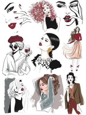 Reysa Tasarım Fashion Kadın Illustrator Sticker Set-1 9 Parça Telefon, Tablet, Defter, Laptop Sticker