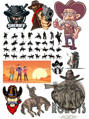 Reysa Tasarım Kowboy Vahşi Batı Sticker Set 25 Parça Telefon, Tablet, Defter, Laptop Sticker
