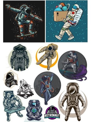 Reysa Tasarım Astronot Stikcer Set-2 12 Parça Telefon, Tablet, Defter, Laptop Sticker