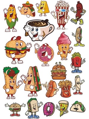 Reysa Tasarım Yiyecekler Sticker Set-1 15 Parça Telefon, Tablet, Defter, Laptop Sticker