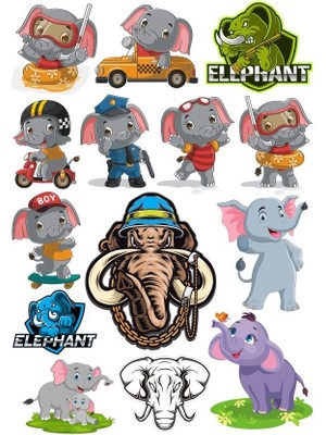 Reysa Tasarım Fil Sticker Set-1 13 Parça Telefon, Tablet, Defter, Laptop Sticker