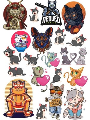 Reysa Tasarım Kedi Sticker Set 15 Parça Telefon, Tablet, Defter, Laptop Sticker