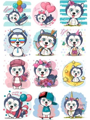 Reysa Tasarım Sevimli Köpek Sticker Set 12 Parça Telefon, Tablet, Defter, Laptop Sticker