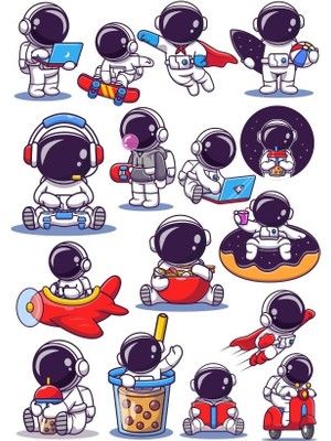 Reysa Tasarım Sevimli Astronot Sticker Set 2 15 Parça Telefon, Tablet, Defter, Laptop Sticker