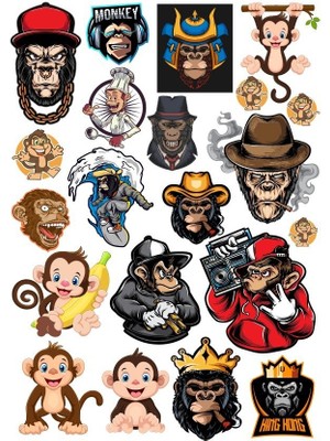 Reysa Tasarım Maymun Goril Sticker Set-2 15 Parça Telefon, Tablet, Defter, Laptop Sticker