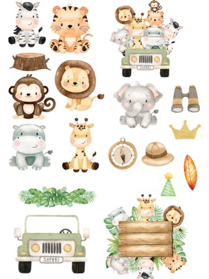 Reysa Tasarım Sevimli Safari Hayvanları Sticker Set 1 16 Parça Telefon, Tablet, Defter, Laptop Sticker