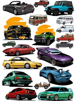 Reysa Tasarım Arabalar Sticker Set  18 Parça Telefon, Tablet, Defter, Laptop Sticker