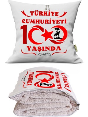 Caisya Home Türkiye Cumhuriyeti 100 Yaşında Baskılı Tv Battaniyeli Opsiyonel Dekoratif Kırlent