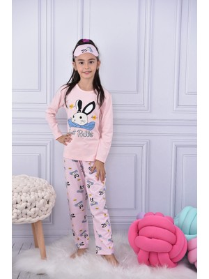 Lolliboom Kids Kız Çocuk Papyonlu Tavşan Baskılı Açık Pembe Renk Basic Pijama Takımı Göz Bandı Hediyeli Alt Üst Takım