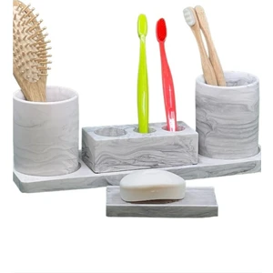 5'Li Mermer Desenli Beton Banyo Seti Tuvalet Wc Sıvı Sabunluk Diş Fırçalığı Aksesuar Takım