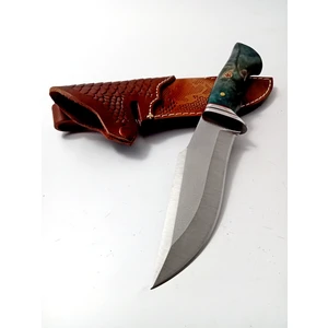 El Yapımı  Kişiselleştirilebilir Kahverengi Kılıflı Yeşil Stabilize Kabzeli N690 Paslanmaz Çelikten Av ve Kamp Bıçağı 24 cm Uzunluğunda