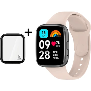 Xiaomi Redmi Watch 3 Active Uyumlu Yumuşak Silikon Kordon ve Kavisli Ekran Koruyucu Seti Krem