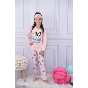 Lolli Boom Kids  Kız Çocuk Papyonlu Tavşan Baskılı Açık Pembe Renk Basic Pijama Takımı Göz Bandı Hediyeli Alt Üst Takım