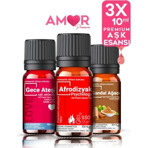 Cosmetics Premium Amor Daha Fazla Aşk Oda Kokusu-Buhurdanlık Yağı Serisi 3X10ML Esansiyel Uçucu Yağ %100 Doğal Afrodizyak Gece Ateşi & Sandal 3'lü Set