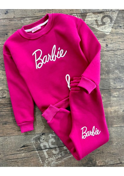 3 Iplik Pembe Alt Siyah Baskılı Kız Çocuk Oversize Sweatsihrt & Eşofman Takım Barbie