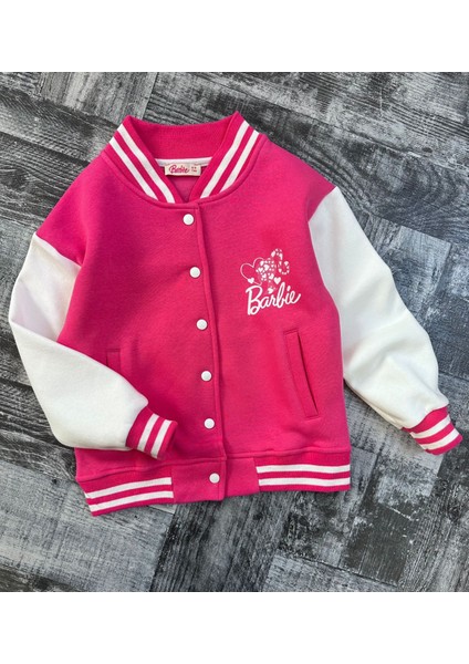 Kız Çocuk Pembe Renk Barbie Baskılı Kolej Ceket