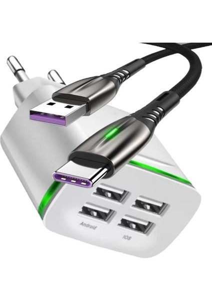 A7 Şarj Adaptörü 4 Port + J2 Type-C 5A/100W Şarj Kablosu -2mt