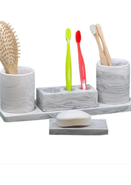 5'Li Mermer Desenli Beton Banyo Seti Tuvalet Wc Sıvı Sabunluk Diş Fırçalığı Aksesuar Takım