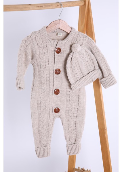 Babyhola Kalın Triko Kız Erkek Bebek Çocuk Kışlık Bereli Tulum Takım 5711