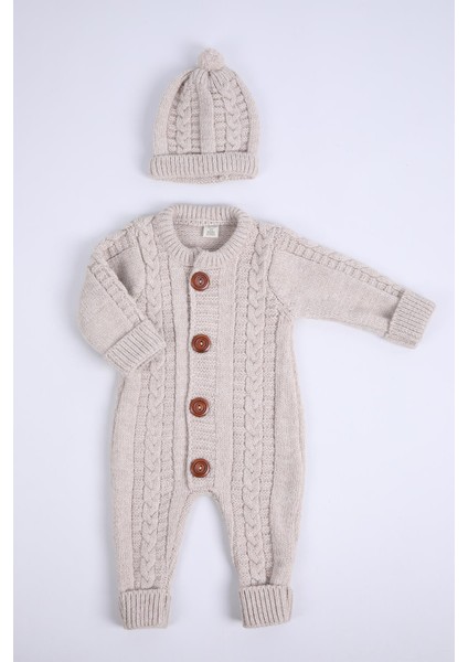 Babyhola Kalın Triko Kız Erkek Bebek Çocuk Kışlık Bereli Tulum Takım 5711
