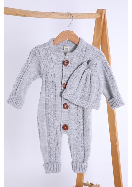 Babyhola Kalın Triko Kız Erkek Bebek Çocuk Kışlık Bereli Tulum Takım 5711