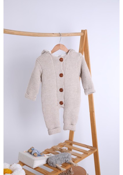 Babyhola %100 Kalın Triko Içi Velsoft Tulum Kız Erkek Bebek Çocuk Ponpon Kapüşonlu Kışlık Dış Tulum 5716