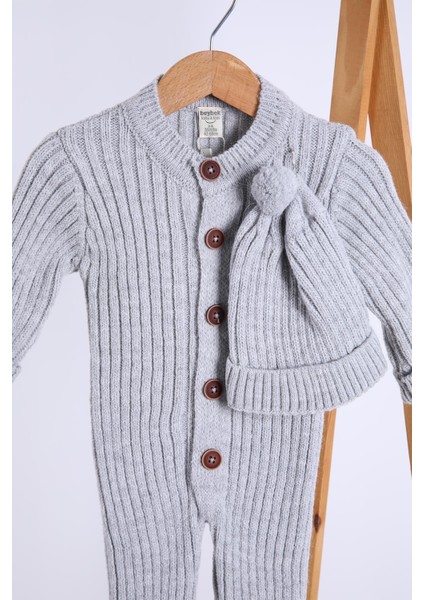Babyhola Kalın Triko Kız Erkek Bebek Çocuk Kışlık Bereli Tulum Takım 5714
