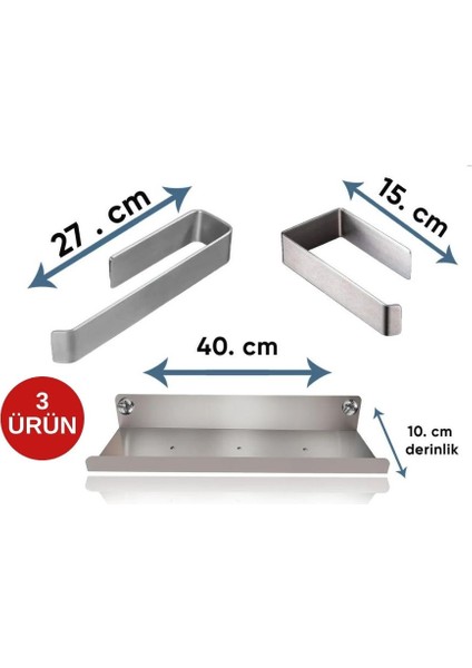 Inox, Ömürlük Banyo Düzenleyici Takımı, 3 Parça, Banyo Aksesuar, Raf, Selpaklık, Havluluk
