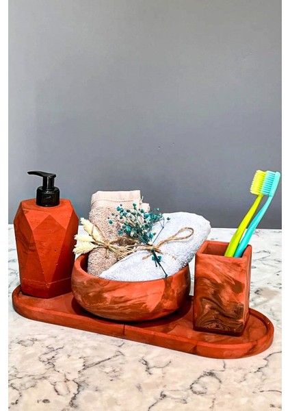 4'Lü Terracotta Serisi Mermer Desenli Beton Banyo Seti Tuvalet Wc Sıvı Sabunluk Diş Fırçalığı Takımı