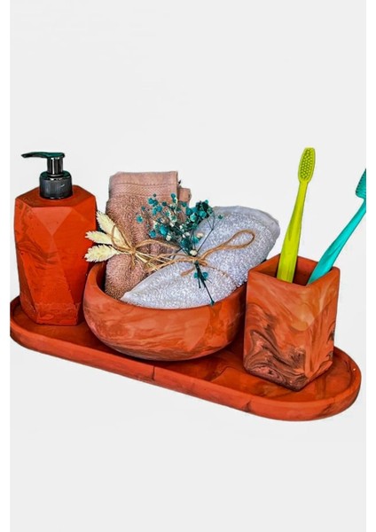 4'Lü Terracotta Serisi Mermer Desenli Beton Banyo Seti Tuvalet Wc Sıvı Sabunluk Diş Fırçalığı Takımı modelleri