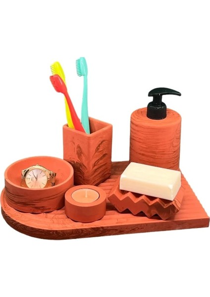 6'Lı Mermer Desenli Terracotta Beton Banyo Seti Tuvalet Wc Sıvı Sabunluk Diş Fırçalığı Takım