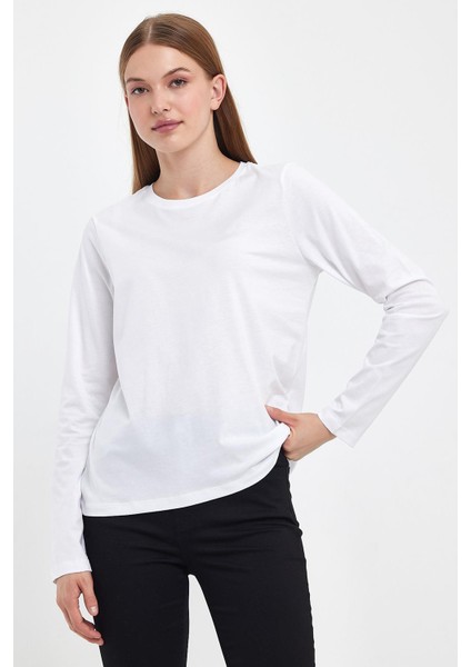 Kadın Gloria Beyaz Bisiklet Yaka Regular Fit Basic Tişört