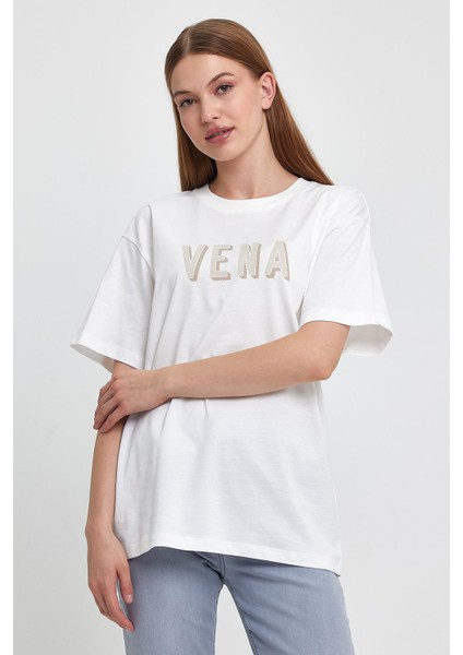 Kadın Bisiklet Yaka Fildişi Logo Baskılı Oversize Tişört