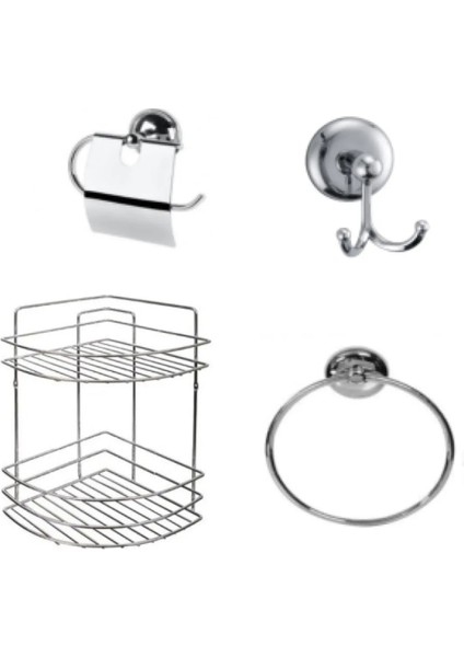 Krom 4 Parça Banyo Seti(2 Kademe Köşelik Bornoz Askılığı Kapaklı Tuvalet Kağıtlığı Halka Havluluk)