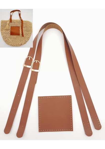 Suni Deri Cepli Ayarlanabilir Çift Saplı Çanta Seti Taba Light Gold Metalli