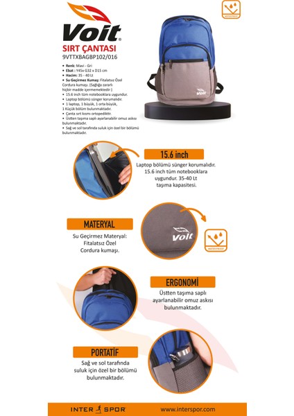 Bp 102 / 016 15.6" Notebook Sırt Çantası -Su Geçirmez -Mavi/gri