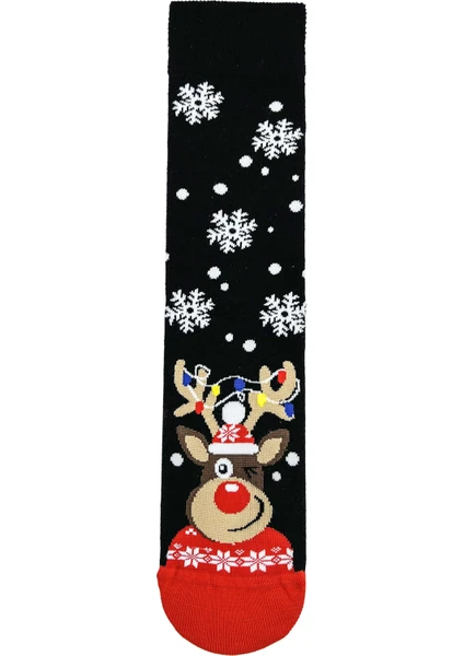 Carnaval Socks Siyah Christmas Kar Tanesi ve Geyik Desenli Eğlenceli Yılbaşı Çorabı