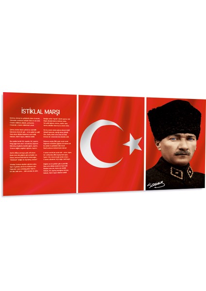 Atatürk, Türkiye Bayrağı ( Ay Yıldız Bayrak ) Istiklal Marşı Üçlü Kombin Cam Tablo Dekoru