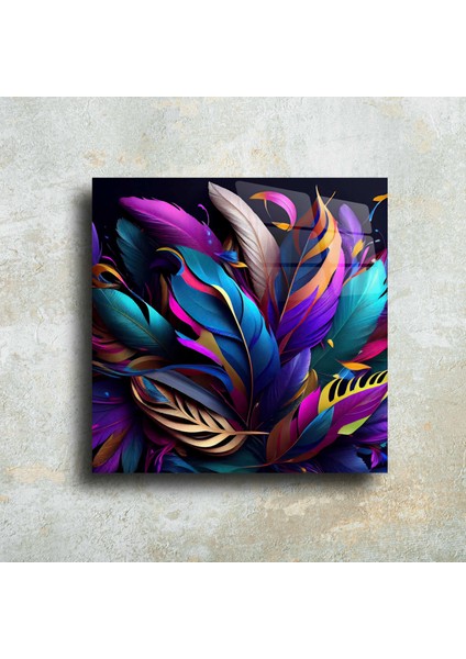 Mor Renk Tüyler ve Yapraklar Cam Tablo Duvar Dekoru