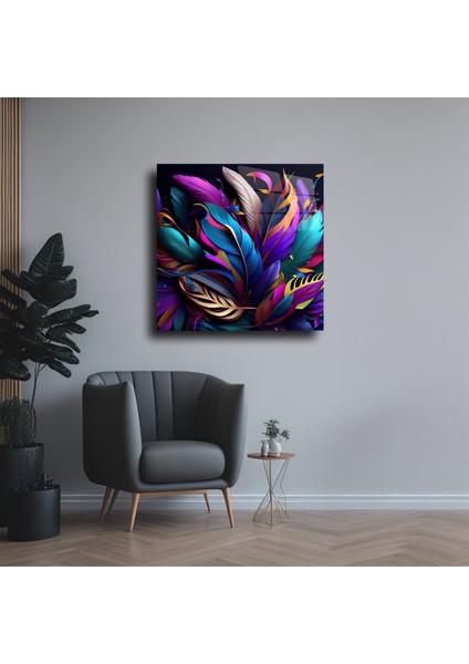 Mor Renk Tüyler ve Yapraklar Cam Tablo Duvar Dekoru fiyatları