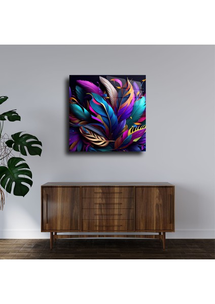 Mor Renk Tüyler ve Yapraklar Cam Tablo Duvar Dekoru modelleri