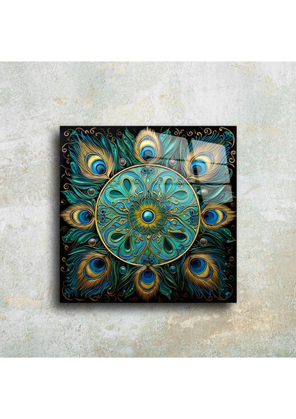 Tavus Kuşu Tüyü Mandala Cam Tablo Duvar Dekoru