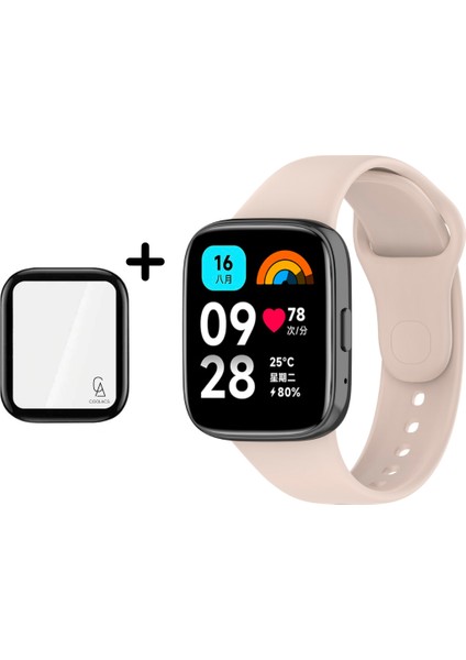 Xiaomi Redmi Watch 3 Active Uyumlu Yumuşak Silikon Kordon ve Kavisli Ekran Koruyucu Seti Krem